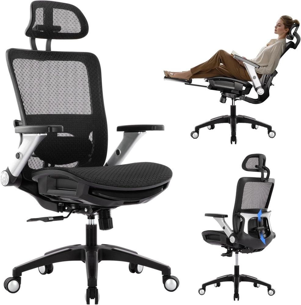 COLAMY Ergonomischer Bürostuhl aus Netzstoff mit Fußstütze-Hochlehner-Schreibtischstuhl mit Kopfstütze, 4D-Hochklapparmlehnen, Einstellbarer Neigungssperre und Lordosenstütze für Komfort, Schwarz Bild 1