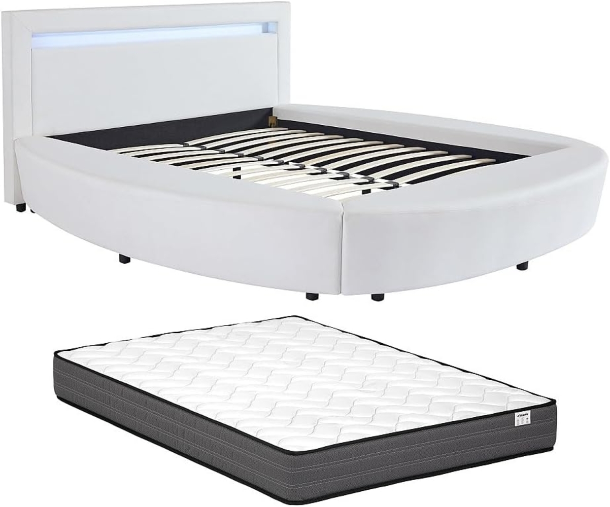 Vente-unique - Bett mit LEDs - 180 x 200 cm - Kunstleder - Weiß + Matratze - ABULIS III Bild 1