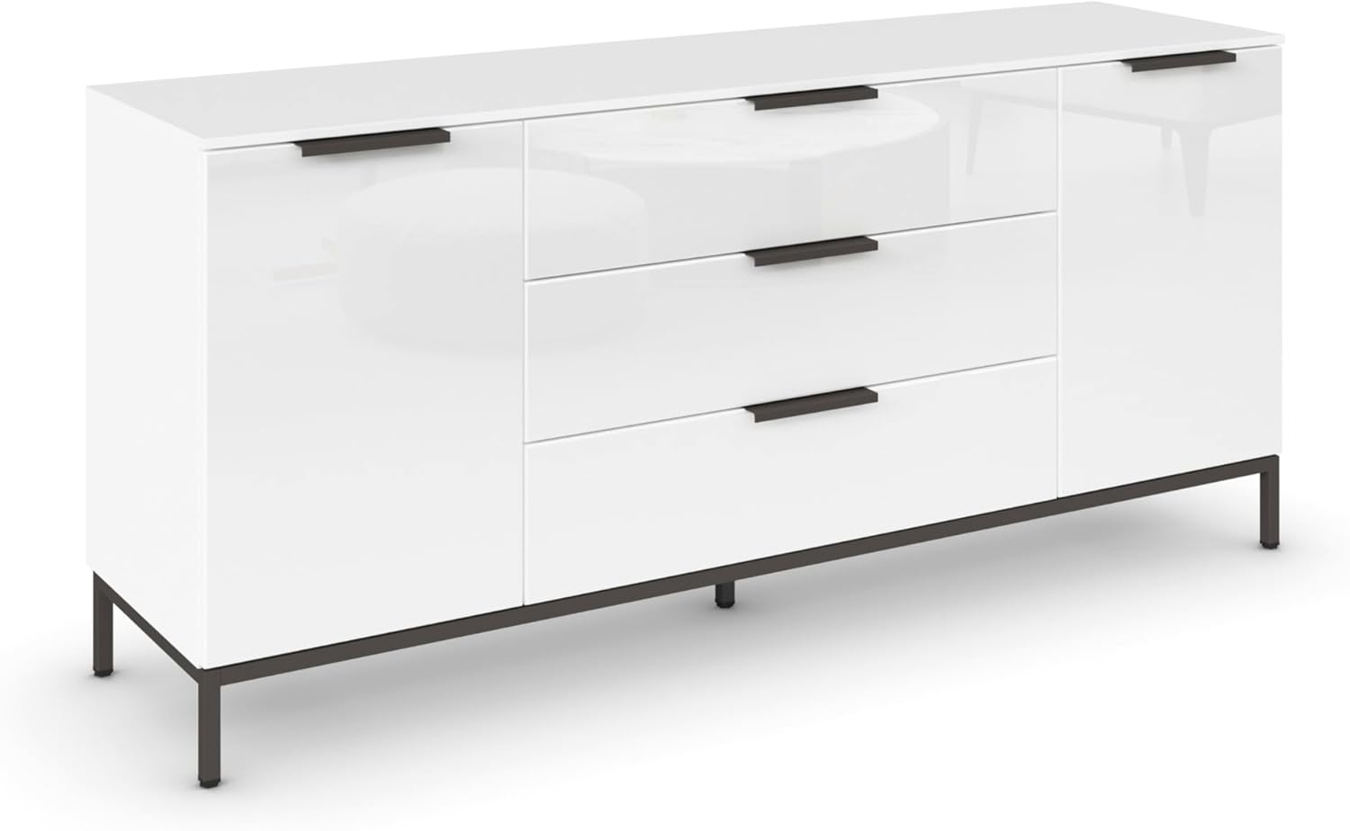 Rauch Möbel Flipp, Sideboard, TV-Schrank, Kommode mit Stauraum, mit Metallkufe Graphit, Alpinweiß/Glasfront Weiß, 2-türig, Glastüren, 3 Schubkästen, Griffe Graphit, 160 x 72 x 42 cm Bild 1