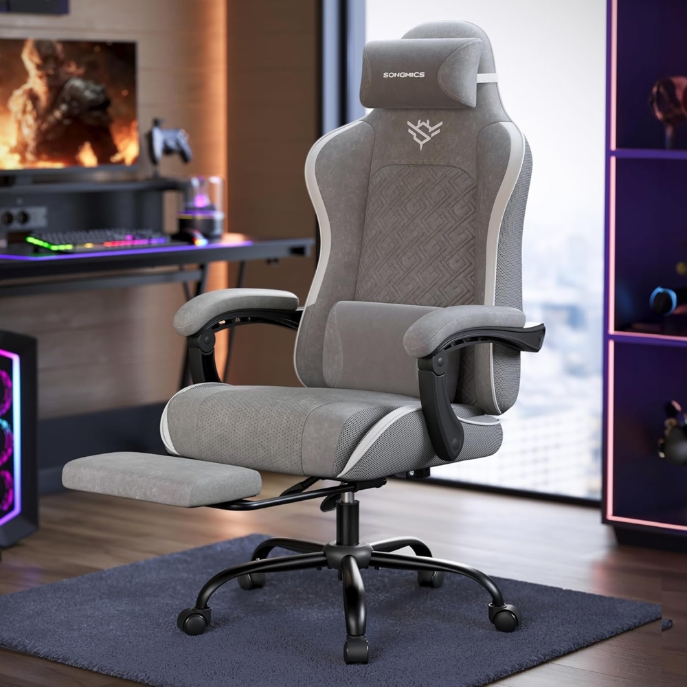 SONGMICS Gaming-Stuhl, Bürostuhl, Schreibtischstuhl, ergonomischer Gaming-Sessel, Sitzkissen mit Federn, Fußstütze, Armlehnen mit Synchronmechanik, taubengrau Bild 1