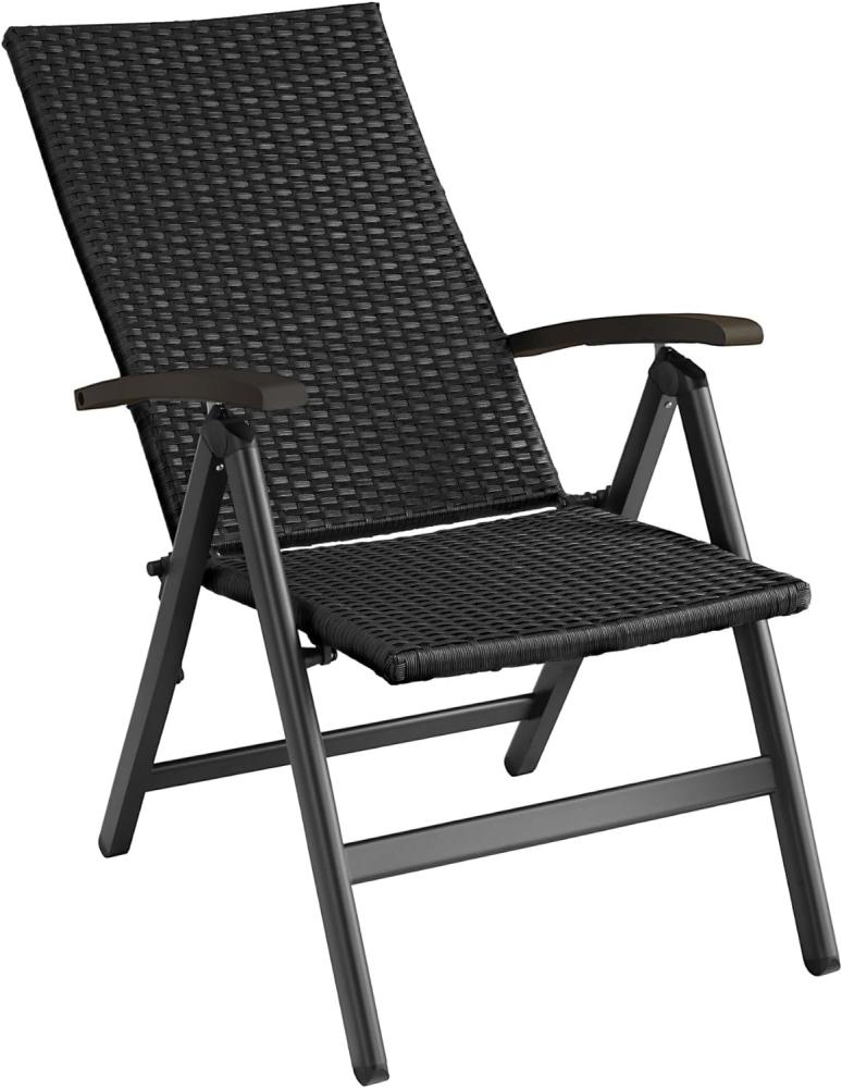 tectake® Alu Polyrattan Gartenstuhl, klappbarer Sessel mit 6-Fach Verstellbarer Rückenlehne, wetterfest, Aluminiumgestell, Campingstuhl mit Holzarmlehnen, Stuhl für Garten, Balkon, Terrasse - schwarz Bild 1