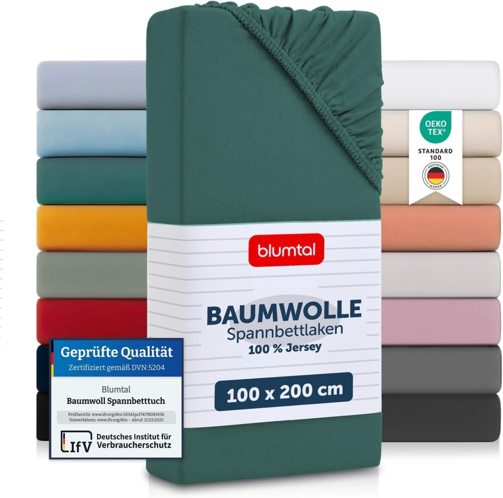 Blumtal® Baumwolle Spannbettlaken 100x200 cm Basics Jersey - Bettlaken 100x200 cm - Oeko-TEX zertifiziertes Spannbetttuch 100x200 cm - Matratzenbezug 100x200 cm - Bettbezug - Leintuch - Silver Pine Bild 1
