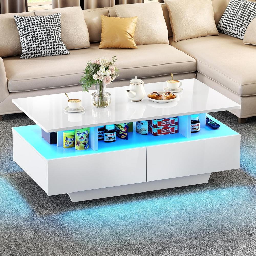 YITAHOME Couchtisch Weiß, Wohnzimmertisch Hochglanz mit 16-Farbiger LED Beleuchtung Modern, Beistelltisch Weiss mit Offenem Ausstellungsregal und 4 Ausziehbaren Schubladen 90x55x41,1 cm ﻿ Bild 1