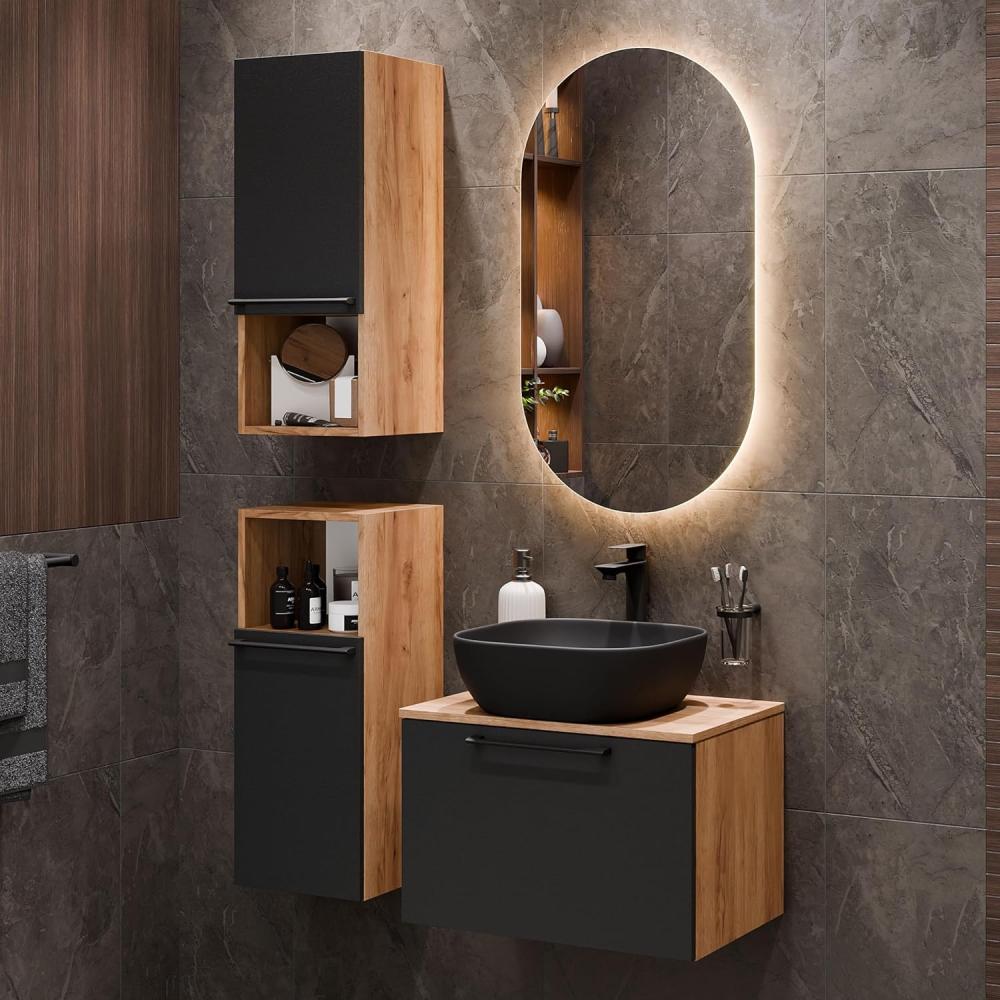 Planetmöbel Badmöbel-Set Astra, (Badezimmer Möbel im modernen Design, 4-St), mit 2x Midischrank & Waschbecken schwarz Bild 1