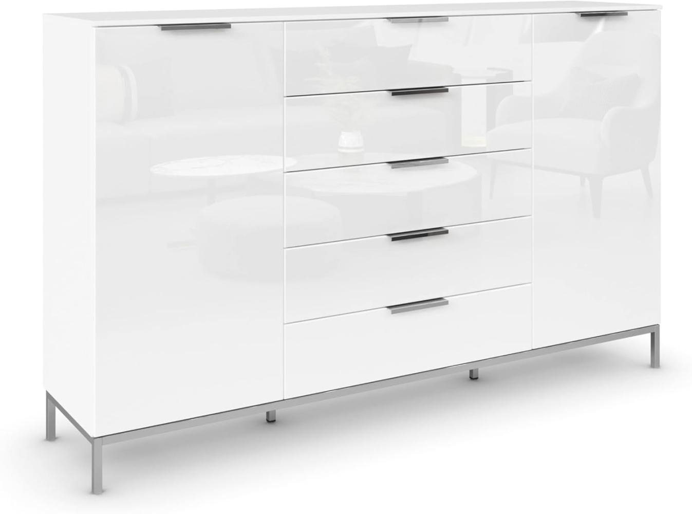 Rauch Möbel Flipp, Kommode mit Stauraum für Wohnzimmer, Schlafzimmer, Flur, 4 Fachböden, mit Metallkufe chrom, Alpinweiß/Glasfront Weiß, 2-türig, Glastüren, 5 Schubkästen, Griffe chrom, 180x111x42cm Bild 1