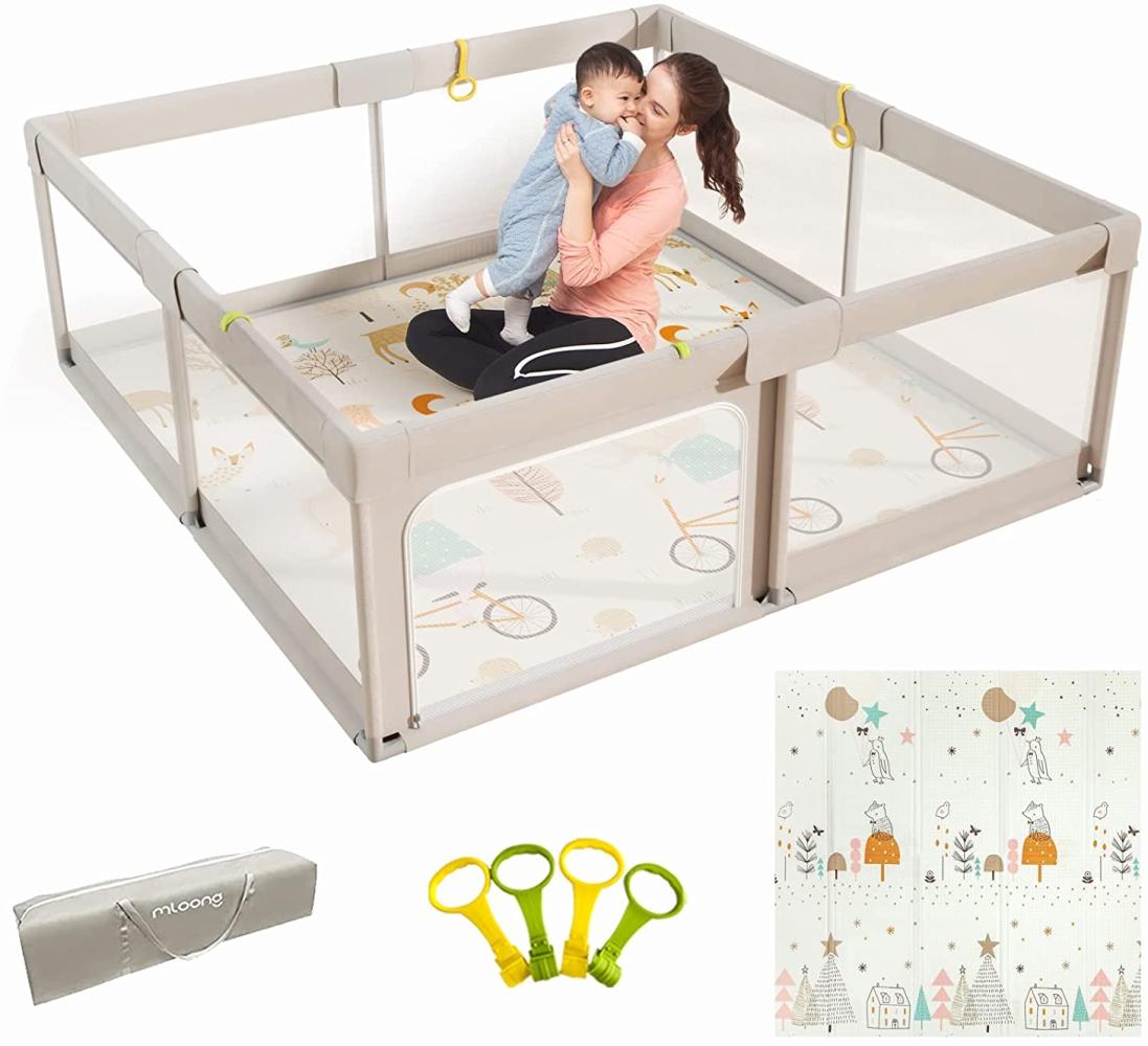 Mloong Laufstall Baby, Laufgitter Baby mit Spielmatte, 150 x 150 x 68 cm Laufstall xxl, Laufgitter mit Atmungsaktivem Netz an Vier Seiten und Saugnäpfen Bild 1