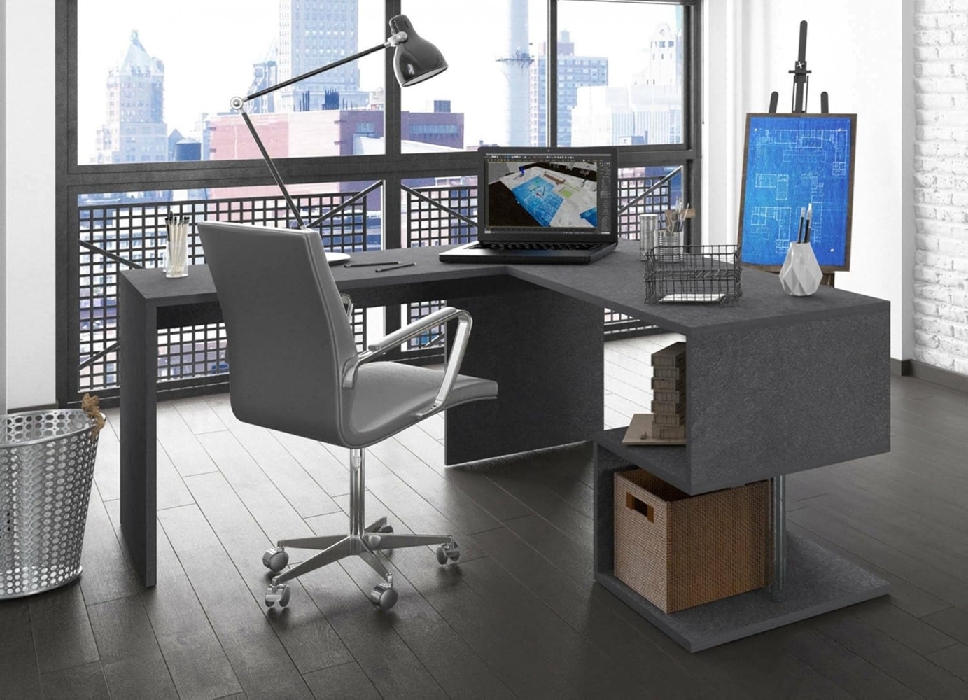 Dmora - Schreibtisch Sasha, PC-Eckschreibtisch, Mehrzweck-Bürotisch, platzsparender Schreibtisch mit mehreren Positionen, 100 % Made in Italy, 160 x 60 x 78 cm, Schiefer Bild 1