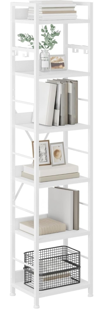 YITAHOME Bücherregal mit 6 Ebenen, Industrielles Standregal, Metallrahmen und Holzregale, Hohes Lagerregal mit 4 Haken, Präsentationsorganizer, für Wohnzimmer, Heimbüro, Weiß Regal Bild 1