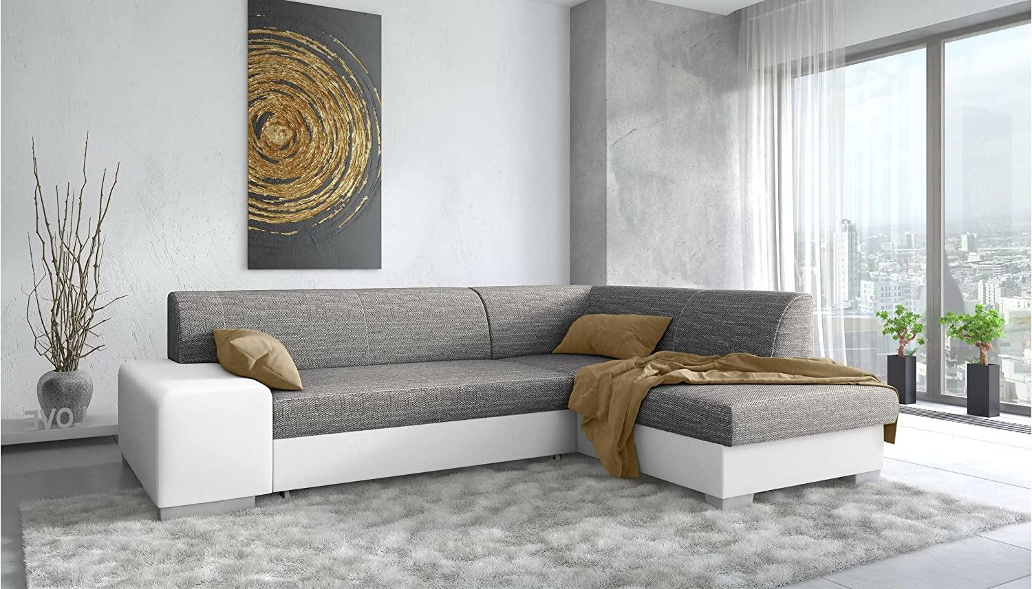 Stylefy Panaro Ecksofa Kunstleder MADRYT Strukturstoff BERLIN Weiß Dunkelgrau Rechts mit Bild 1