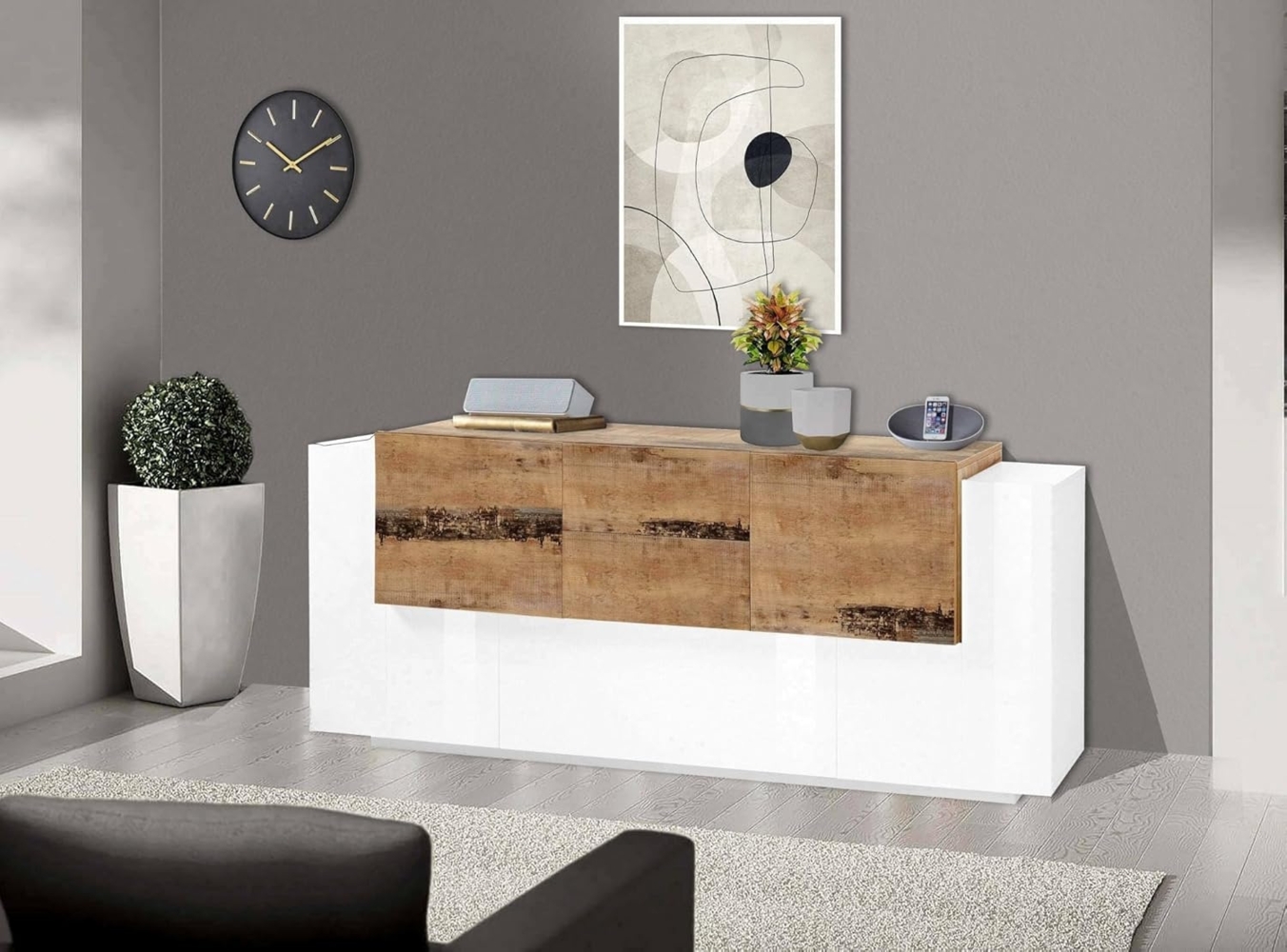 Dmora - Kommode Cesare, Küchen-Sideboard mit 5 Türen und 2 Schubladen, Wohnzimmer-Buffet, Küchen-Sideboard, 100 % Made in Italy, 220 x 45 x 86 cm, glänzendes Weiß und Ahorn Bild 1