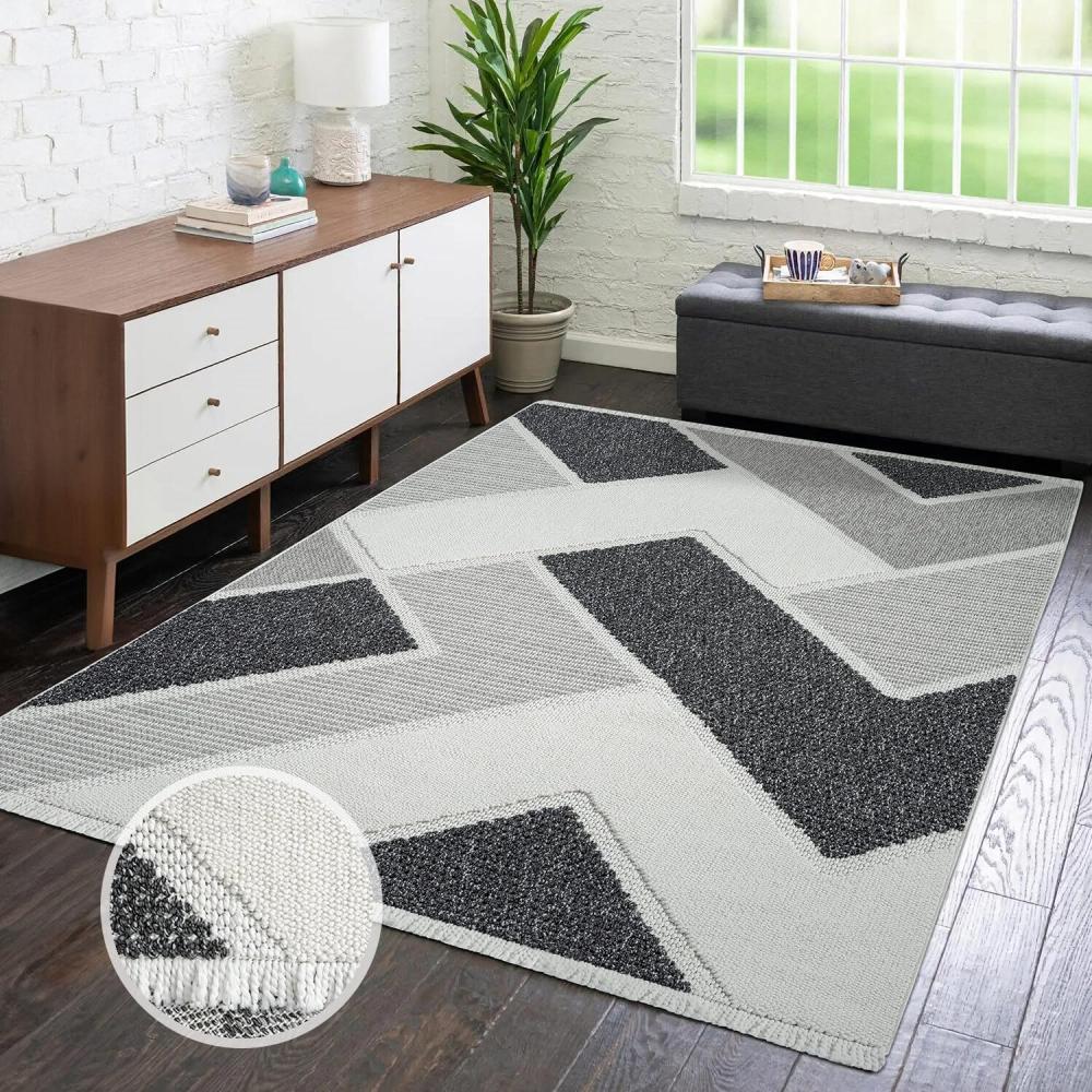 carpet city Teppich Kurzflor Wohnzimmer - Grau - 200x290 cm - Teppiche Fransen Boho-Style - Geometrisches Muster - Schlafzimmer, Esszimmer Bild 1