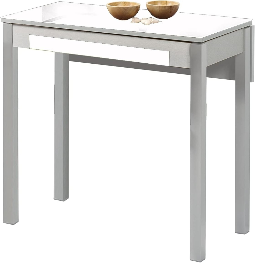 ASTIMESA Ausziehbarer Küchentisch, 1 Flügel, 80x40 cm (80x60 cm), Gestell und Flügel, Aluminium, Glasplatte, Weiß Bild 1