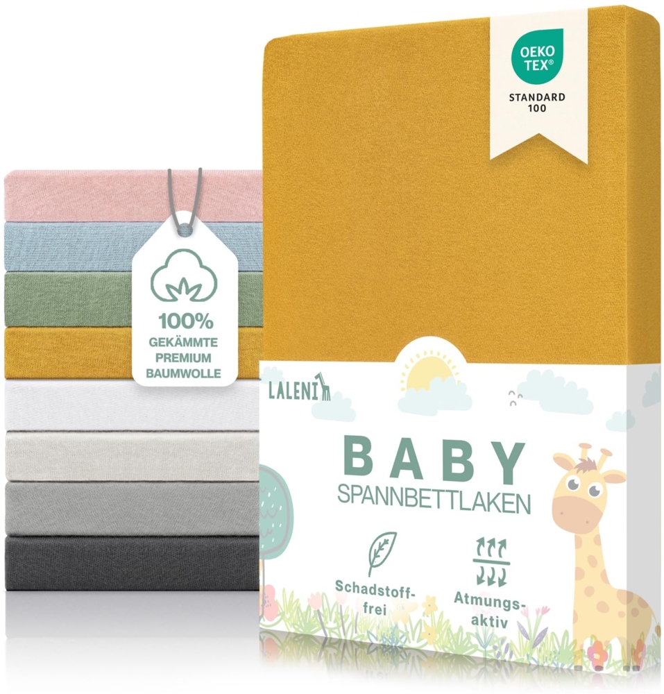 Laleni Premium Spannbettlaken 60 x 120 x 15 cm Babybett 2er Set | Oeko-TEX zertifiziertes Bettlaken 60x120 Kinderbett | Kinderbettwäsche 60x120 100% Baumwolle | Spannbettlaken 60x120 cm Baby in Gelb Bild 1