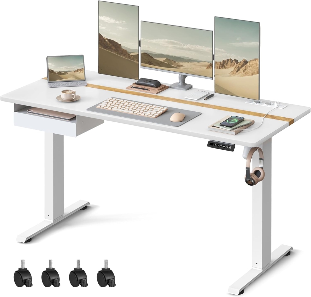 Vasagle Höhenverstellbarer Schreibtisch elektrisch, stufenlos verstellbar, Memory-Funktion mit 4 Höhen, weiß, Tischoberfläche 60x140 cm Bild 1