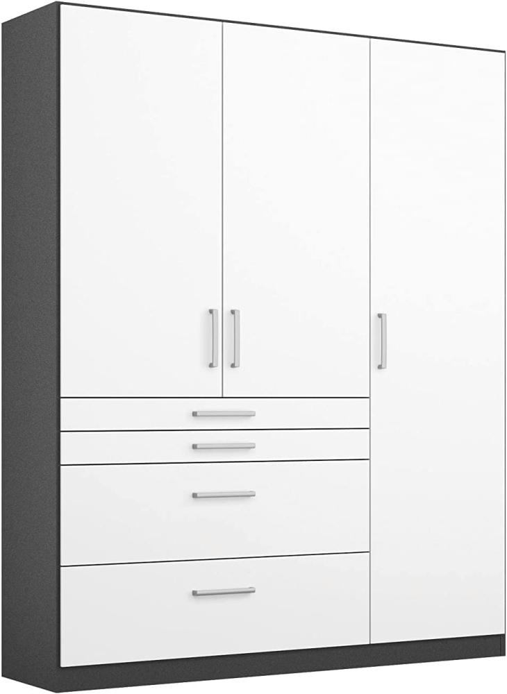 Rauch Möbel Harburg Schrank Kleiderschrank Drehtürenschrank Weiß/Graumetallic 3-türig mit 4 Schubladen inklusive Zubehörpaket Basic 3 Einlegeböden, 1 Kleiderstange BxHxT 136x197x54 cm Bild 1