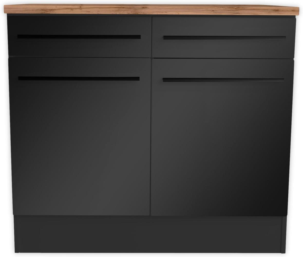 Stella Trading Jazz Moderner Küchenunterschrank in Schwarz matt, Lanzelot Eiche Optik-Geräumiger Unterschrank Küche mit viel Stauraum, Holzwerkstoff, 100 x 90 x 60 cm Bild 1