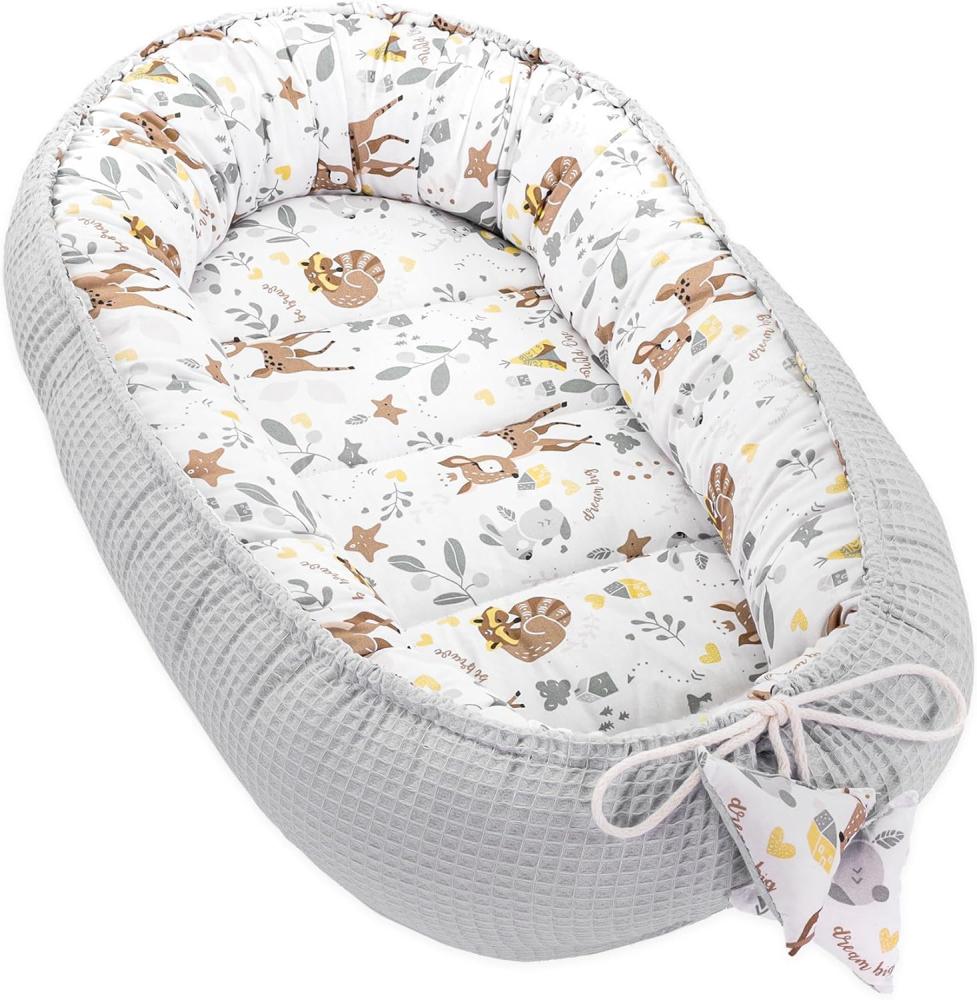 Babynest Neugeborene Nestchen Baby 90x50 cm - Kokon Handmade zweiseitig aus Baumwolle Waffel mit Babynestchen Rehchen Grau Bild 1