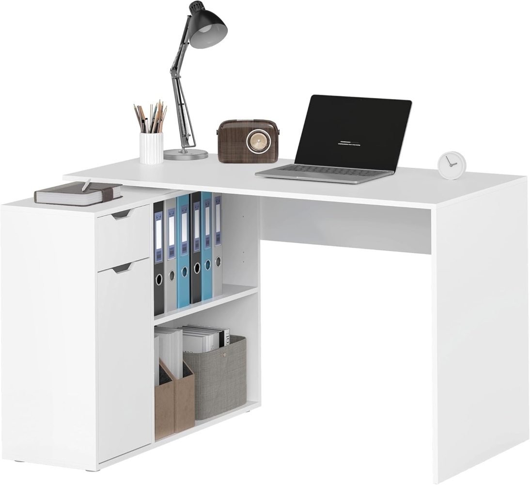 HOMCOM Eckschreibtisch mit Offenen Ablagen, Schublade, 1 Tür (Computertisch, 1-St, Winkelschreibtisch), für Dokumente im A4-Format, Arbeitszimmer, 120 x 96 x 75 cm, Weiß Bild 1