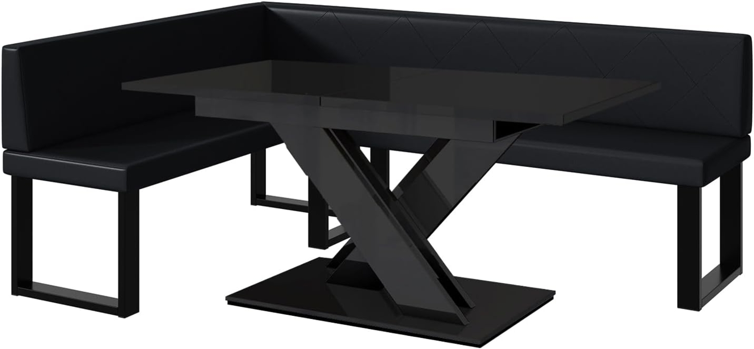 MEBLINI Eckbank für Esszimmer mit ausziehbarem Tisch - Küchenbank - Essecke - Sitzecke Küche - ERIC - U-Beine 142x196x87cm Links - Schwarz Kunstleder/B Schwarz Hochgl. Bild 1