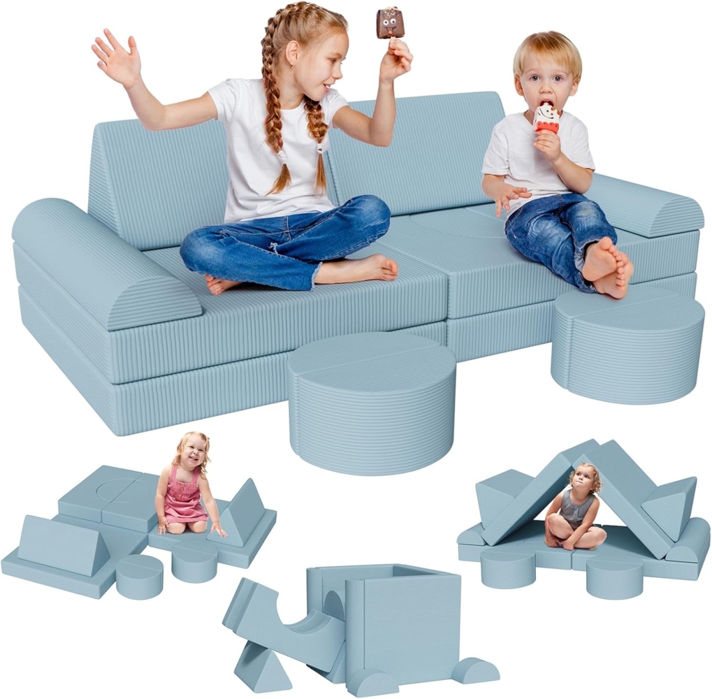 Clevich Spielsofa für Kinder, 15-Teiliges Modulare Kinderspielcouch, Kindersofa ausklappbar, Oeko-TEX100 Zertifiziert, Schlafsofa aus Schaumstoff, für Kuschelecke im Kinderzimmer, Kuschel-Cord (Blau) Bild 1