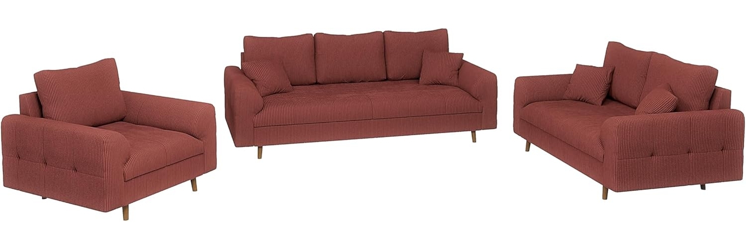 S-Style Möbel Polstergarnitur 3+2+1 Zara mit Braun Holzfüßen im skandinavischen Stil aus Cord-Stoff, (1x 3-Sitzer-Sofa, 1x 2-Sitzer-Sofa, 1x Sessel), mit Wellenfederung Bild 1