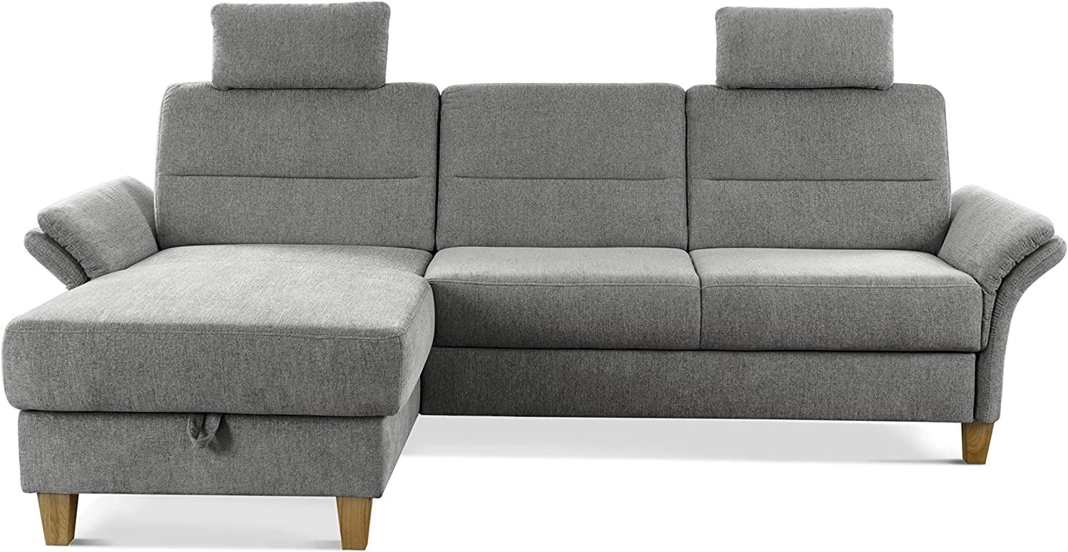 CAVADORE Schlafsofa Wyk mit Federkern / Ecksofa im Landhaus-Stil mit Longchair, Bett, Bettkasten, Armteilfunktion + 2 Kopfstützen / 252 x 90 x 162 / Chenille, Grau Bild 1