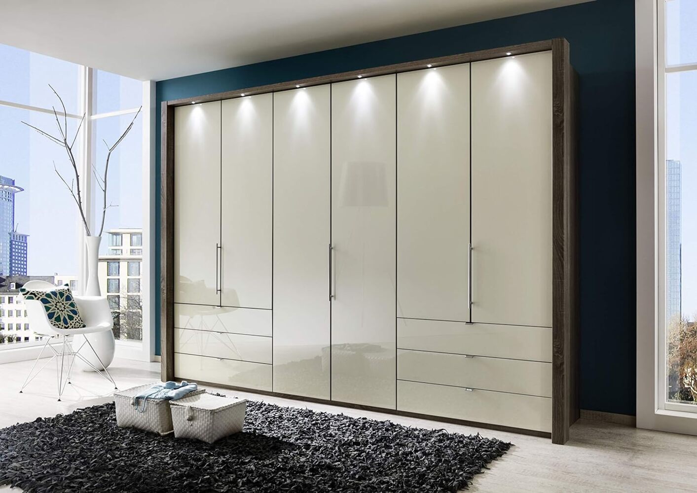 WIEMANN Loft Kleiderschrank, Schlafzimmerschrank, Gleittürenschrank, Drehtürenschrank, mit Schubladen, Glas magnolie, Trüffeleiche, Holz, B/H/T 300 x 216 x 58 cm Bild 1