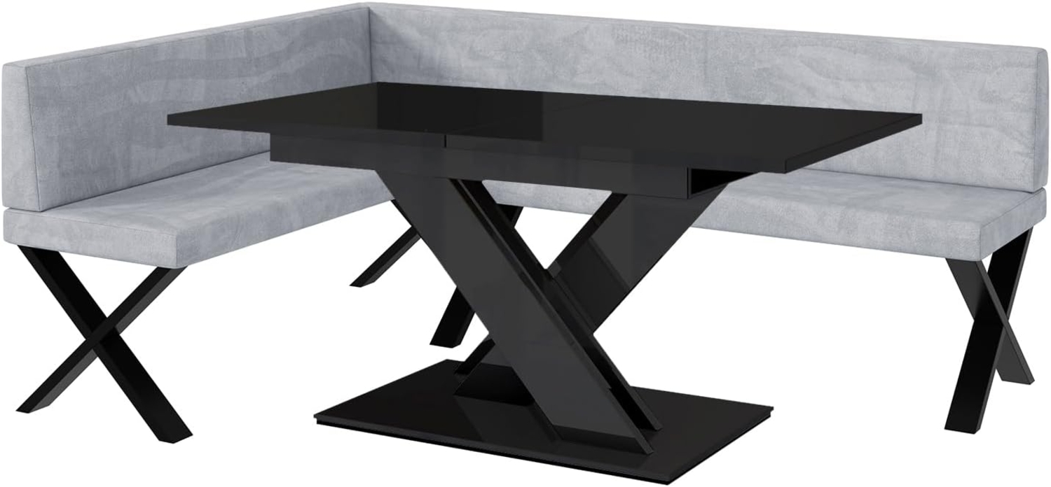 MEBLINI Eckbank für Esszimmer mit ausziehbarem Tisch - Küchenbank - Essecke - Sitzecke Küche - TONI - X-Beine 142 x 196 x 87 cm Links - Hellgrau Samt/B Schwarz Hochgl. Bild 1