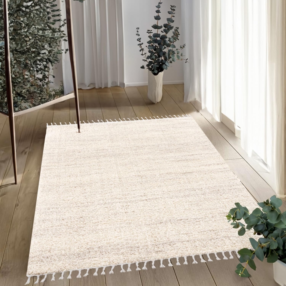 Teppich Wohnzimmer Hochflor Cream - 240x340cm - Meliert mit Fransen - Weiche Schlafzimmer-Teppiche für gemütliche Wohnatmosphäre Bild 1