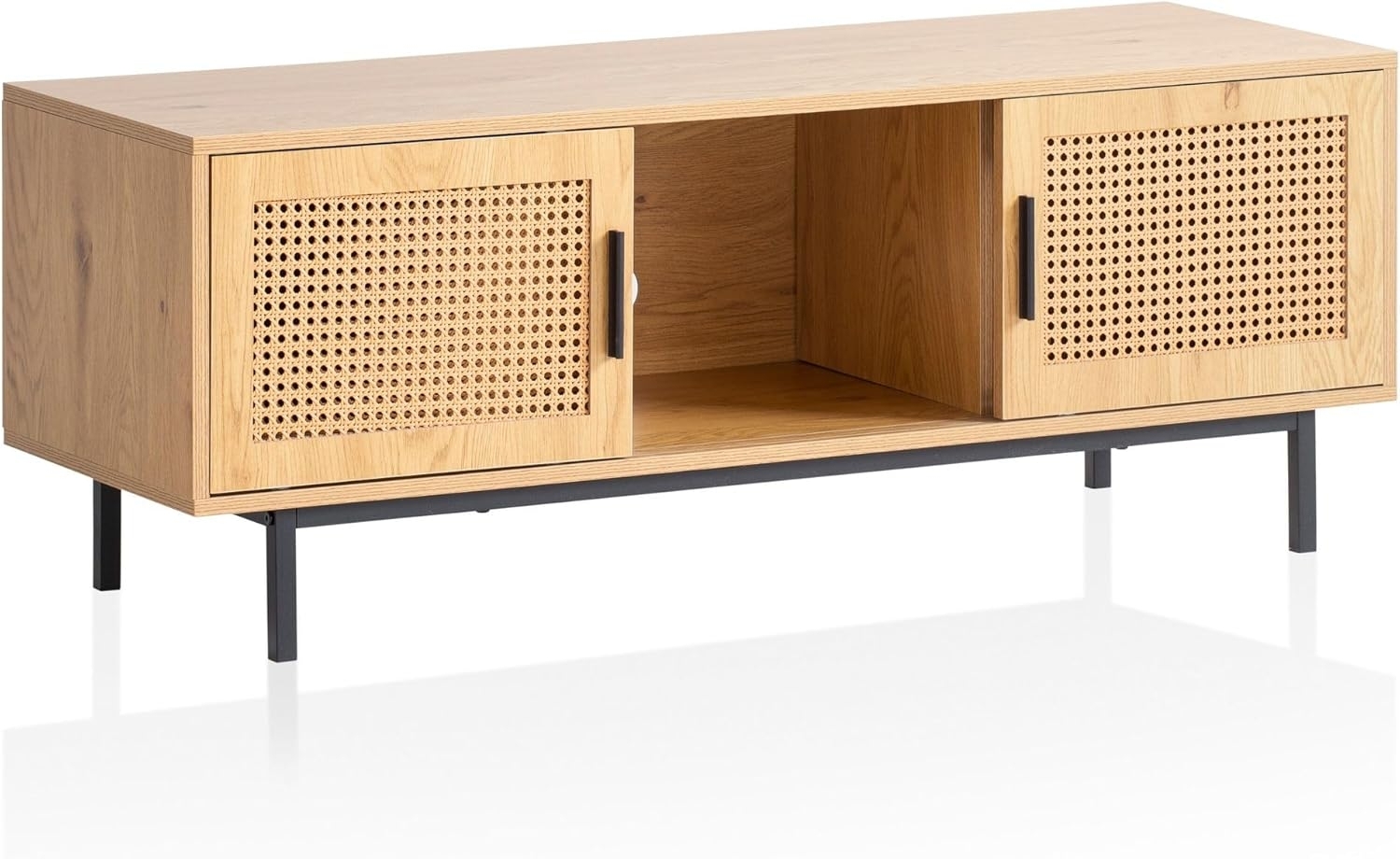 FineBuy Lowboard Eiche-Dekor mit Wiener Geflecht 120x45,5x40 cm TV-Kommode Zeitlos mit Schiebe-Türen, Design TV-Schrank Hoch, Fernsehtisch Fernsehschrank, Fernsehkommode Wohnzimmer Rattan Braun Bild 1