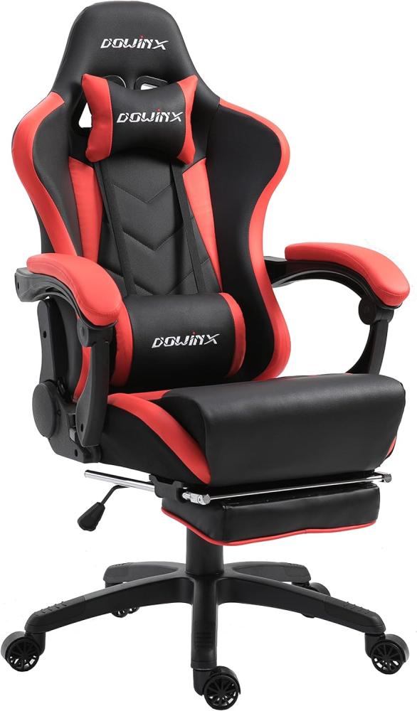 Dowinx Gaming Stuhl Ergonomischer Gamer Stuhl mit Lendenwirbelstütze, PC Bürostuhl Rückenlehne Verstellbarer Drehsessel mit Fußstütze (Schwarz&rot Bild 1