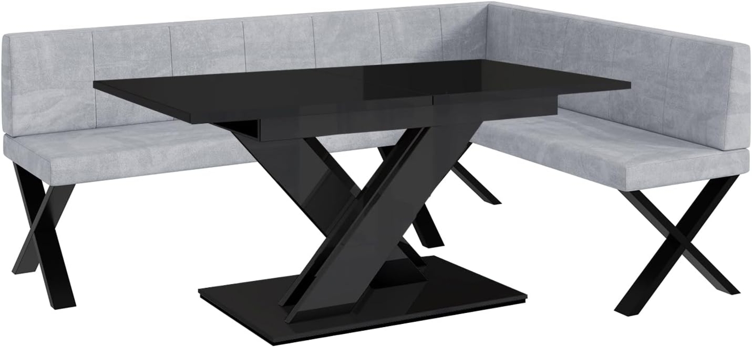 MEBLINI Eckbank für Esszimmer mit ausziehbarem Tisch - Küchenbank - Essecke - Sitzecke Küche - PETER - X-Beine 142x196x87cm Rechts - Hellgrau Samt/B Schwarz Hochgl. Bild 1