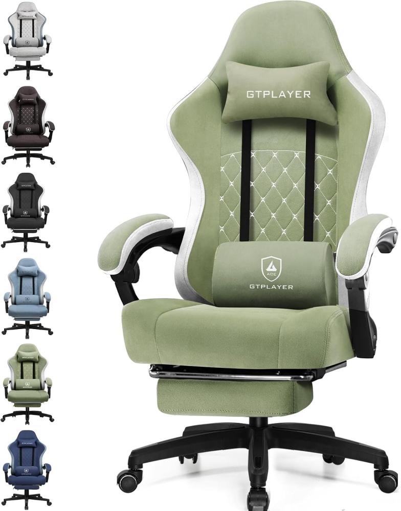 GTPLAYER Gaming Stuhl Ergonomischer Gaming Sessel Schreibtischstuhl mit Stoffoberfläche, Federsitzkissen, Verbindungsarmlehnen und Fußstütze grün Bild 1