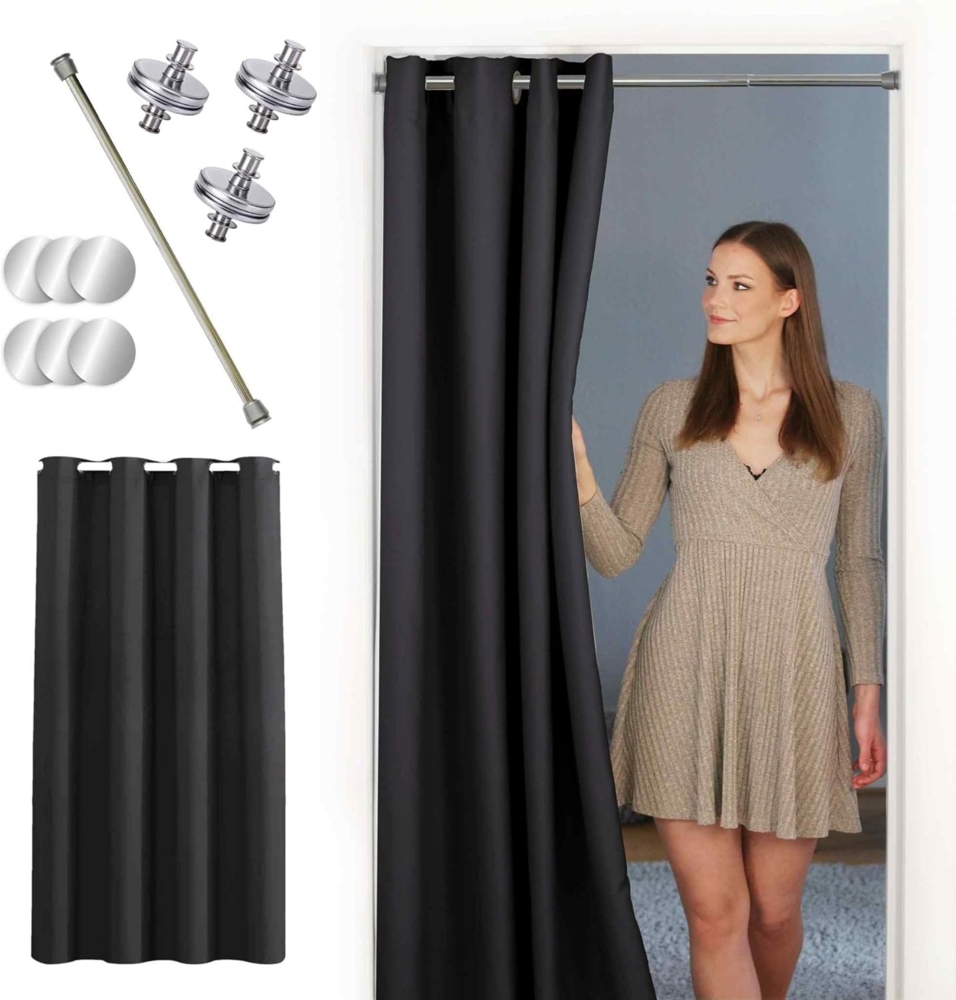 tinycurtains Türvorhang mit Stange silber 55-90 cm ohne Bohren, Thermo Vorhang Tür, Ösen, abdunkelnd, Polyester, blickdicht, Schwarz Eclipse, Türgardine mit Klemmstange verdunkelnd Bild 1