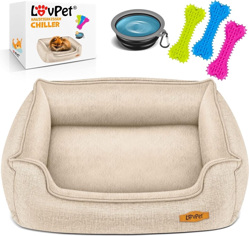LovPet® Hundebett Hundekissen Hundekorb Chiller, Inkl. Napf + 3X Kauknochen, Hundesofa Kissen für Kleine, Mittelgroße & Große Hunde, Bezug abnehmbar und waschbar Beige, L (90 x 75 x 25 cm) Bild 1