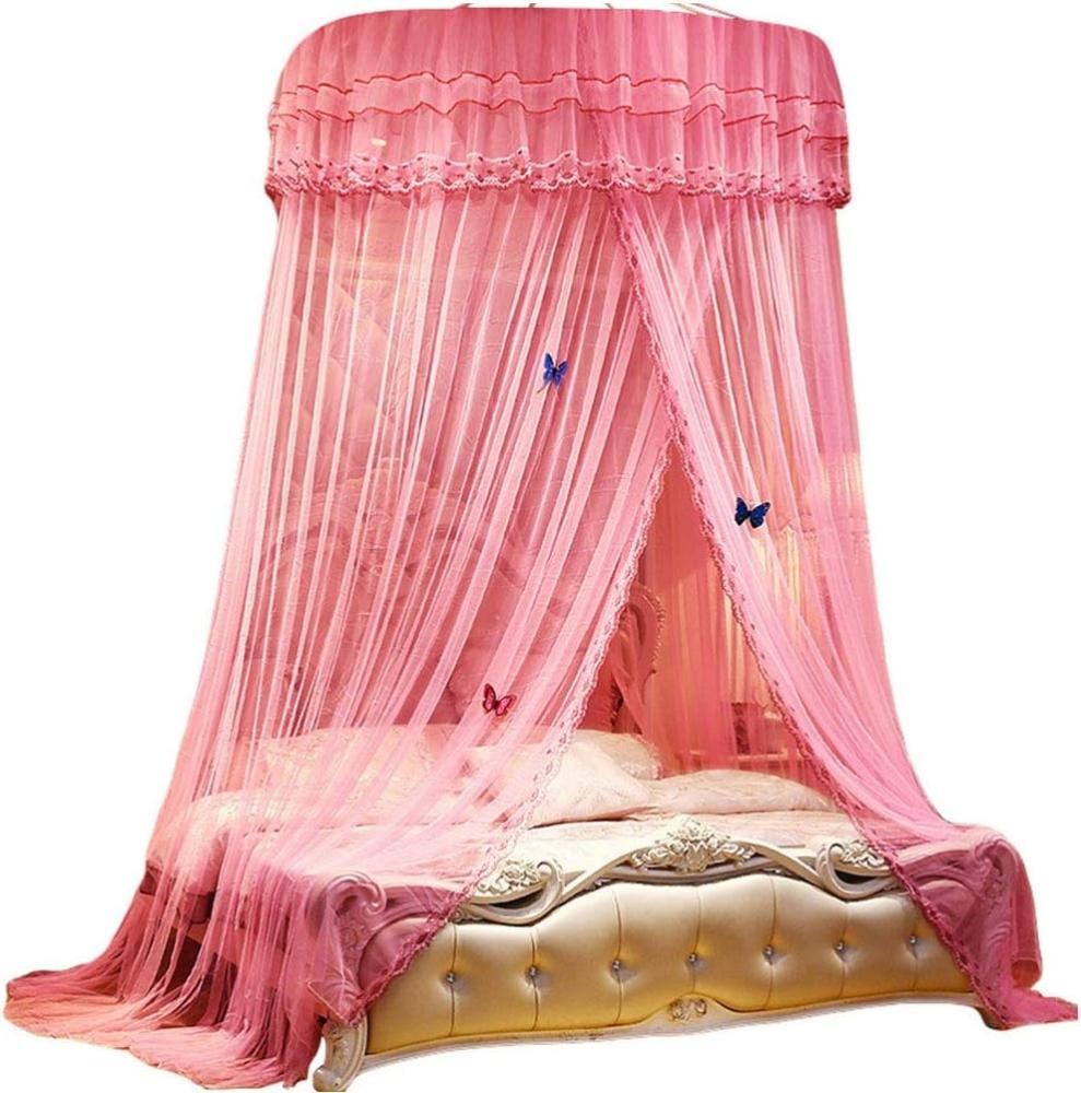 Kaiyei Moskitonetz Universal Himmelbett für Doppel, Einzel, Kinderbetten, Prinzessin Betthimmel Rund mit Klebehaken Schlafzimmer Schmetterling Dekoration Romantisch Palast Pink 120cm×200cm Bild 1