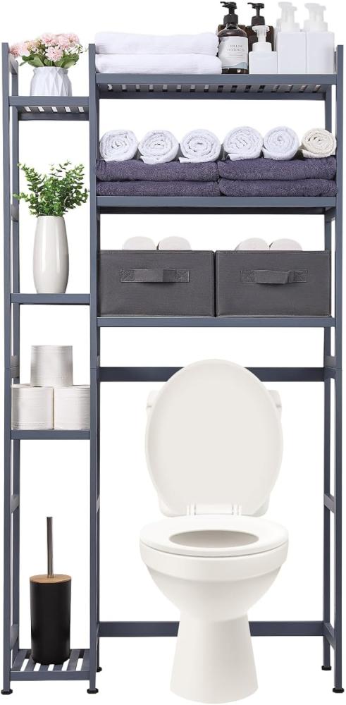 Yorbay Badregal Toilettenregal aus Bambus, Weiß WC Regal Badregal 79x23,3x166 cm, mit 2 Körben, mi 7 Ablagen, Multifunktional, Badezimmerregal, Verstellbar Badregal Bild 1