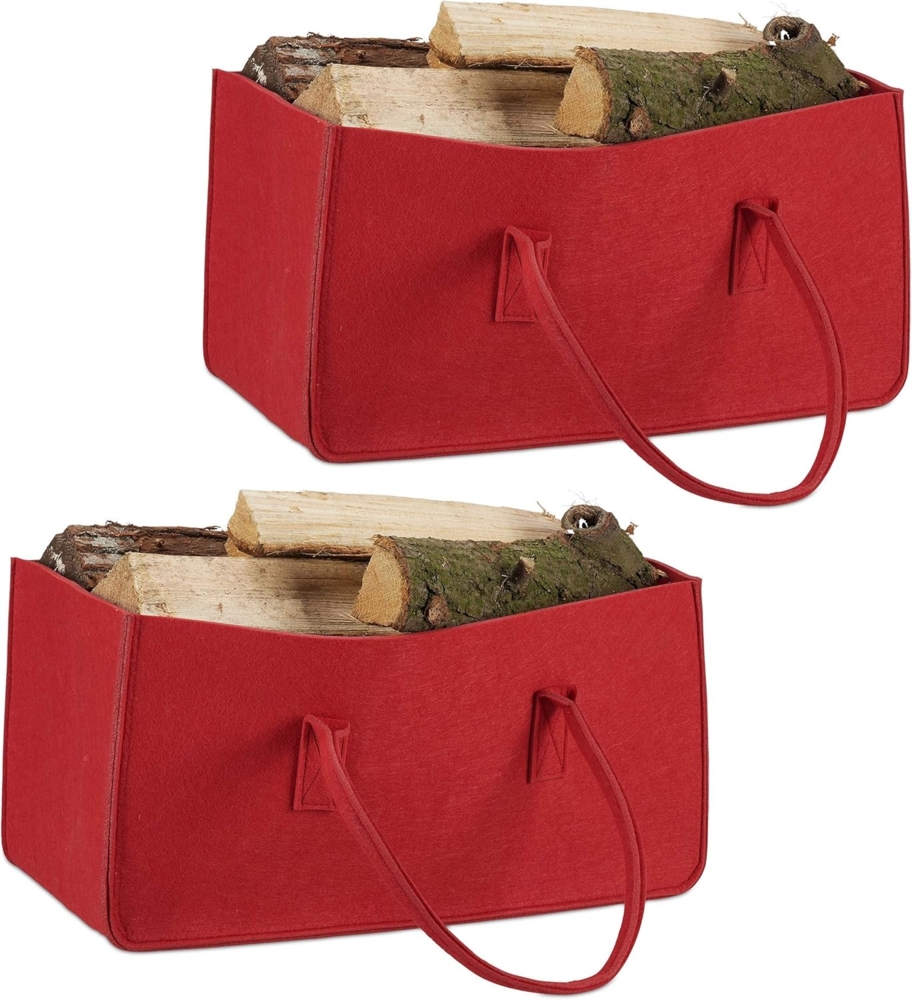 relaxdays Holztragetasche 2 x Kaminholztasche aus Filz rot Bild 1