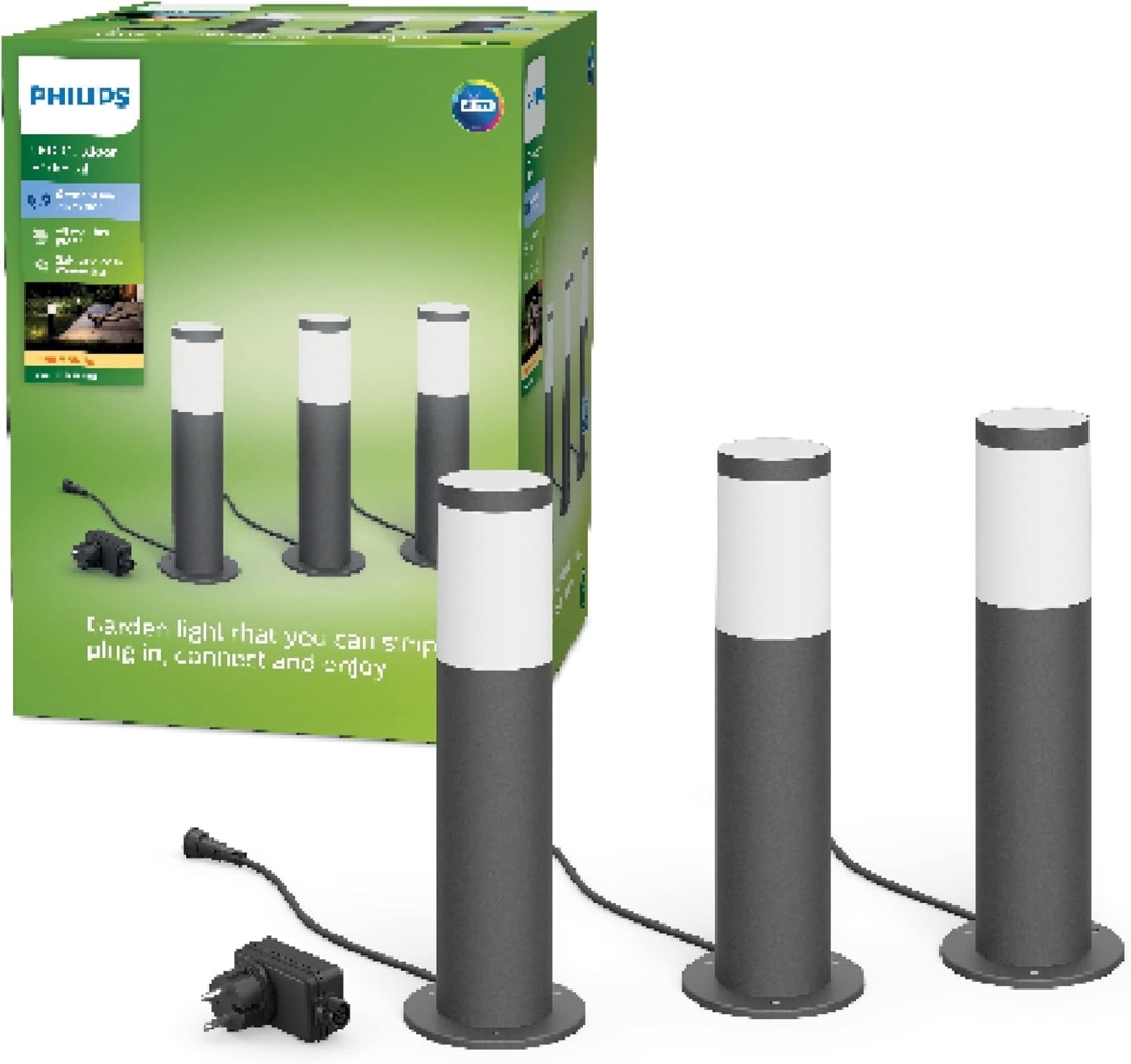 PHILIPS Utrecht Outdoor Sockelleuchten 3-er Starter Set (3 W), wetterfeste Niedervolt Außenleuchten mit warmweißem Licht, energiesparende LED Beleuchtung, anthrazit Bild 1