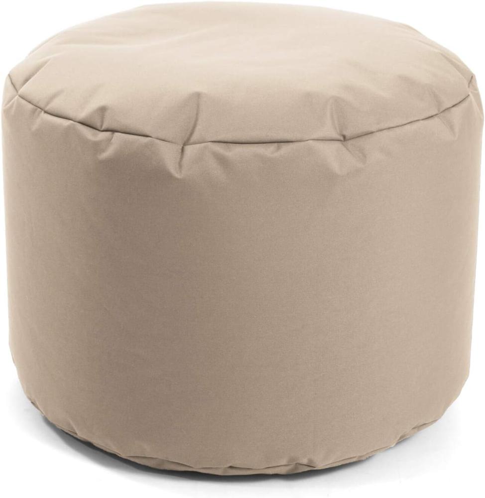 mokebo® Outdoor Pouf für Balkon & Garten 'Der Ruhepouf', runder Hocker, Leichter Sitzpouf & Beistelltisch mit EPS-Perlen Füllung, Made in Germany | Outdoorstoff in Beige Bild 1