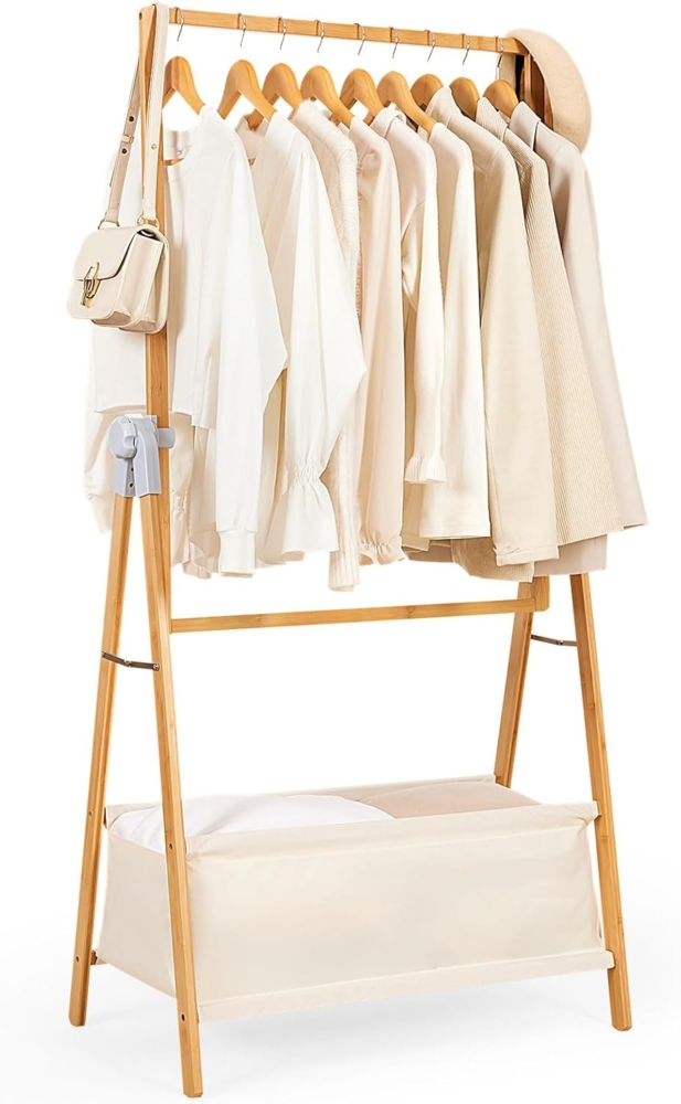 Yorbay Kleiderständer Bambus Garderobenständer mit Aufbewahrungskiste, Freistehender, (Kleiderständer mit Stoffsäcken, Faltbarer Garderobe), zum Aufbewahren von Kleidung 80 x 45 x 177 cm Bild 1