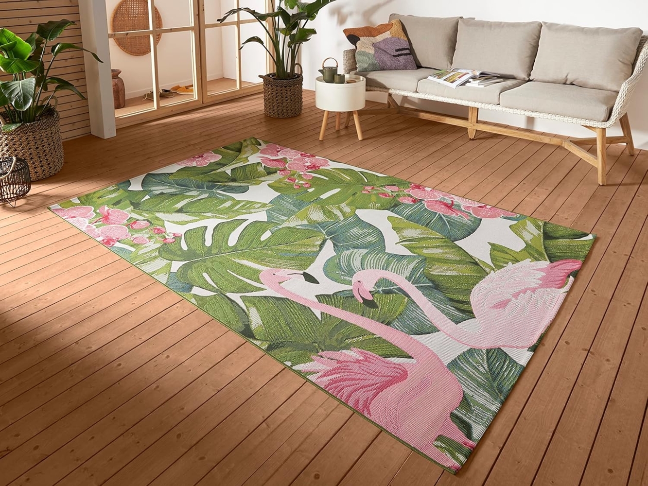 Hanse Home Tropical Flamingo In- & Outdoor Teppich – Flachgewebe, Tropical Jungel Florales Palmen Design, ÖKO-TEX Wetterfest & UV-beständig für Balkon, Terrasse, Garten, Wohnzimmer - Bunt, 200x285 cm Bild 1