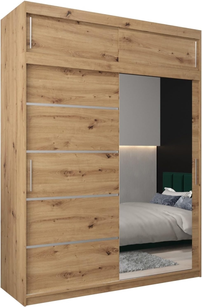 Kryspol Schwebetürenschrank Verona 2-180 cm mit Spiegel Kleiderschrank mit Kleiderstange und Einlegeboden Schlafzimmer- Wohnzimmerschrank Schiebetüren Modern Design (Artisan Eiche mit Erweiterung) Bild 1