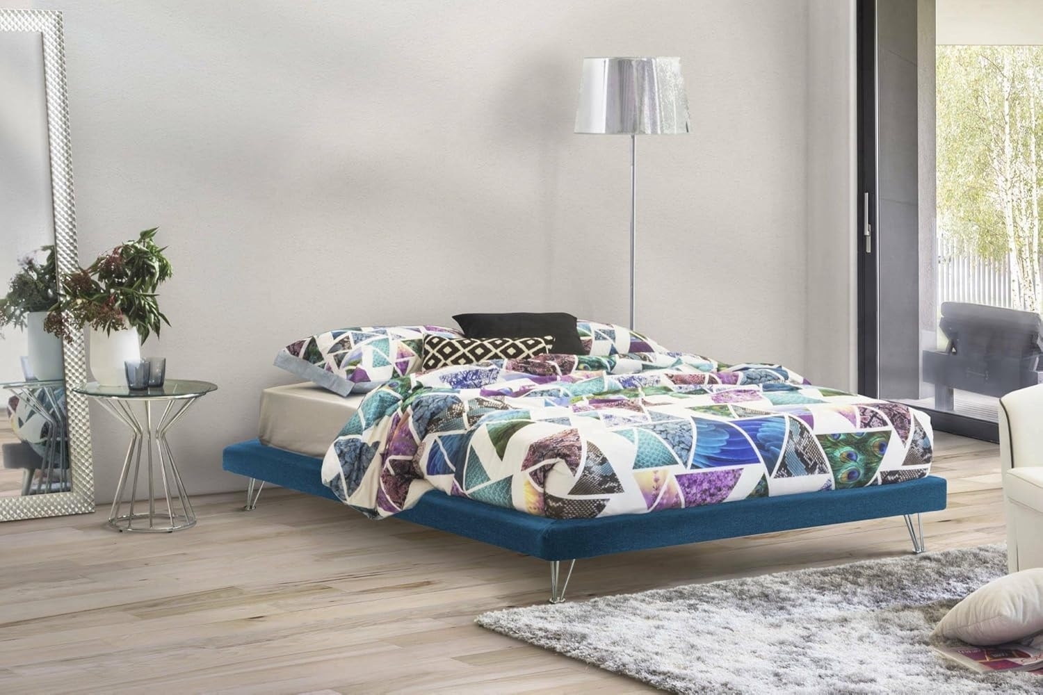 Talamo Italia - Doppelbett Isabella, Festbett aus Stoff mit Füßen, 100 % Made in Italy, geeignet für Matratze 160x190 cm, Blau Bild 1