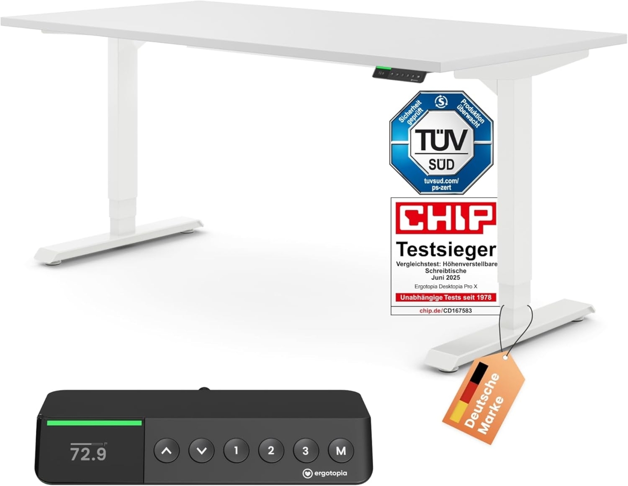 Desktopia Pro X - Elektrisch höhenverstellbarer Schreibtisch / Ergonomischer Tisch mit Memory-Funktion, Weiß, Gestell Weiß, 120x80 cm Bild 1
