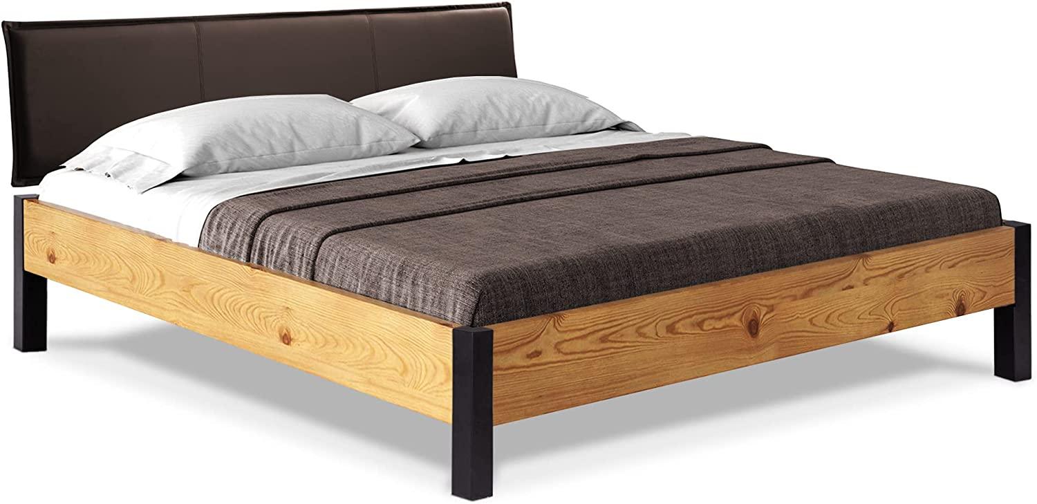 Möbel-Eins CURBY Bett Metallfuß, mit Polsterkopfteil, Material Massivholz, rustikale Altholzoptik, Fichte natur 160x220 cm Kunstleder Braun ohne Steppung Bild 1