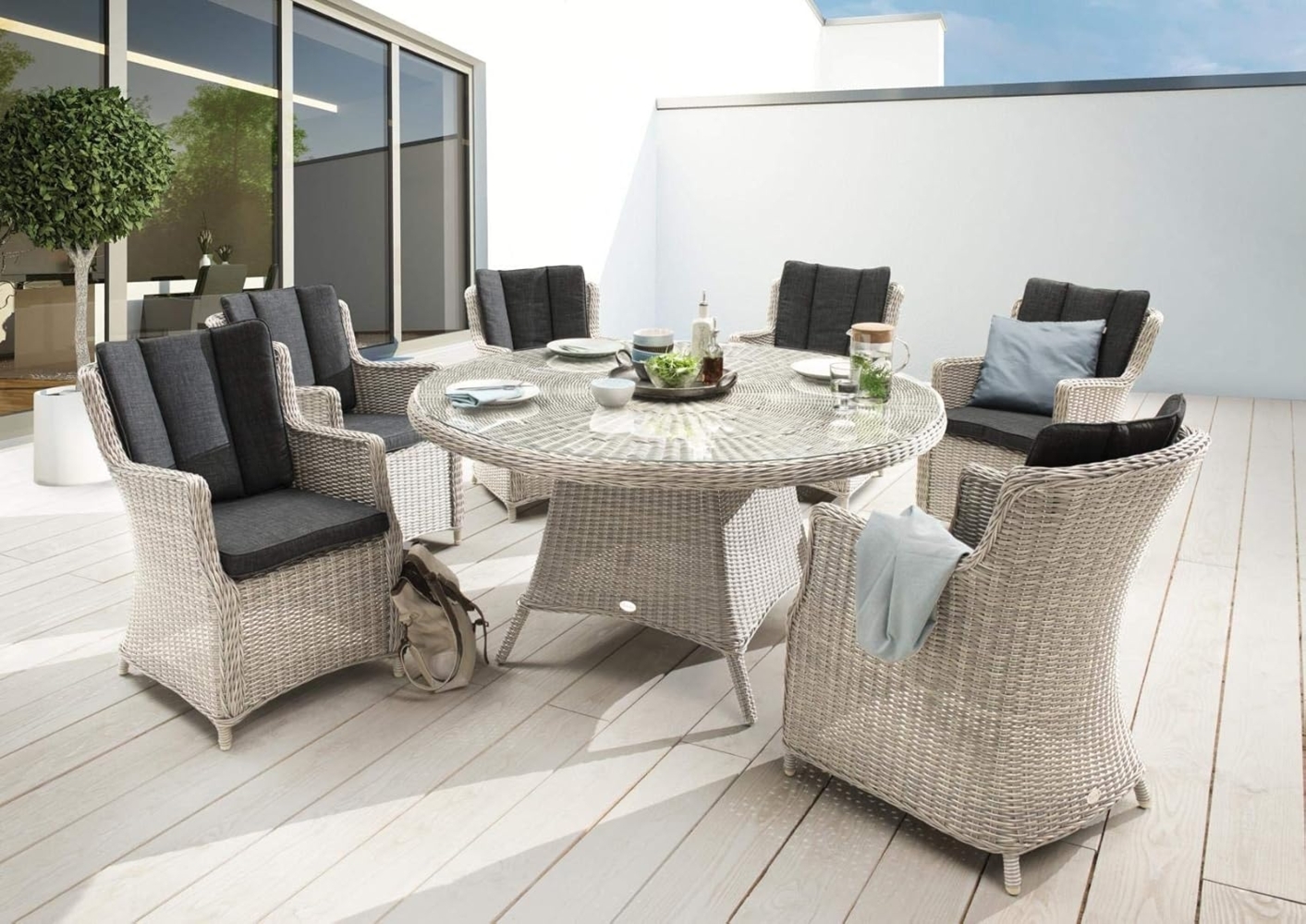Destiny Garten-Essgruppe LUNA, (19-tlg, 6x Sessel, 1x Tisch, 1x Drehteller, inkl. Auflagen), Aluminium, Polyrattan Bild 1