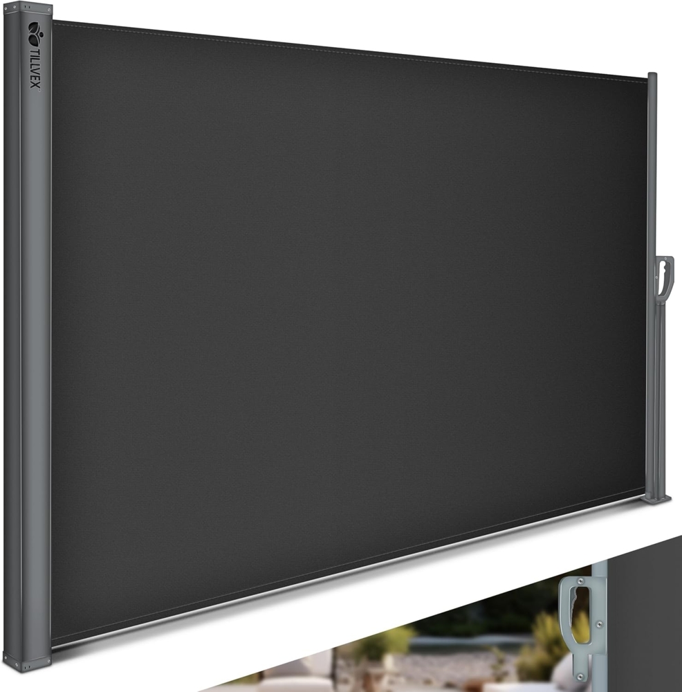 tillvex® Seitenmarkise 160x350 cm Anthrazit ausziehbar & Blickdicht | Sichtschutz für Balkon, Garten & Terrasse | Seitenrollo mit Wandhalterung | Sonnenschutz aus rostfreiem Stahl | Markise Windschutz Bild 1