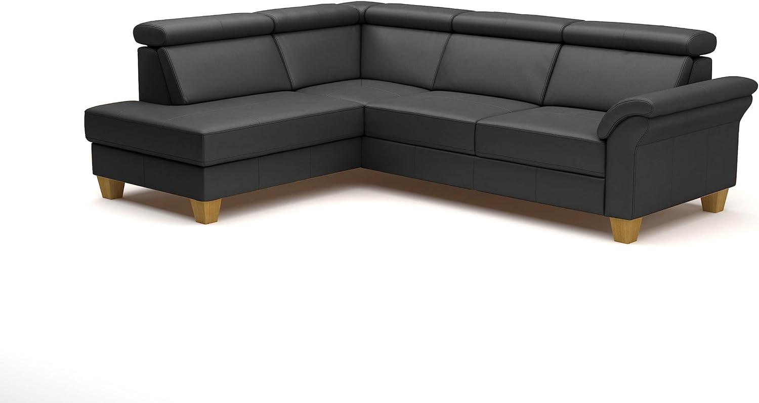 CAVADORE Leder-Schlafcouch Ammerland mit Ottomane / Landhaus-Sofa mit Federkern, Bett, Bettkasten + Kopfteilverstellung / 245 x 84 x 194 / Leder Schwarz Bild 1