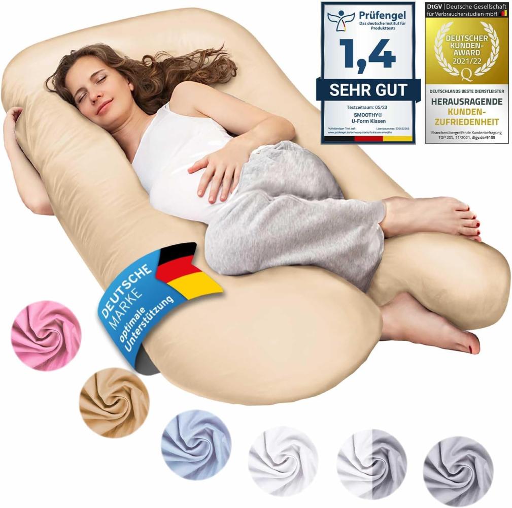 SMOOTHY Schwangerschaftskissen, Seitenschläferkissen, Lagerungskissen, Baby-Kissen & Stillkissen in U-Form mit abnehmbarem & waschbarem Bezug aus 100% Baumwolle (Junior XL, 120x70 cm, Beige) Bild 1